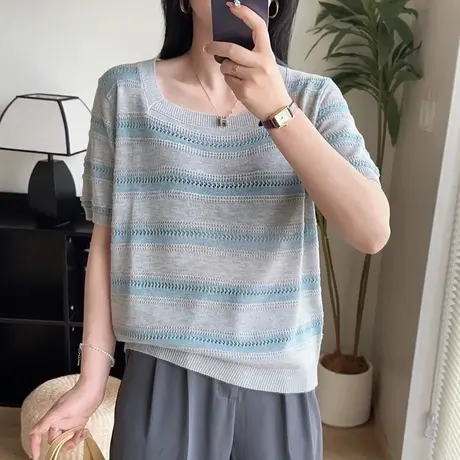夏季薄款条纹u领针织短袖t恤女2025新款爆款小个子短款漂亮上衣商品大图