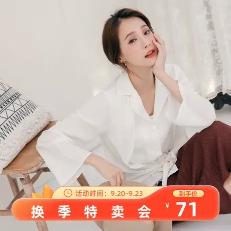 桔熊春秋季纯色假两件套收腰扭结长袖衬衫上衣女大码AB13700图片