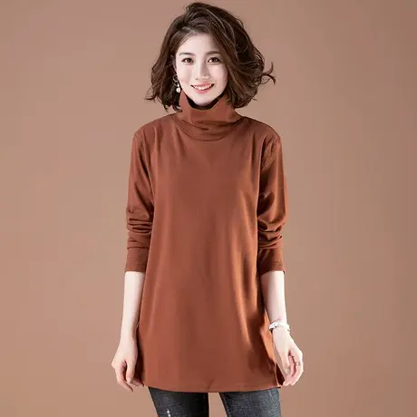 长袖t恤女秋冬加肥加大码宽松中长款遮肚纯色中年高领打底衫女商品大图