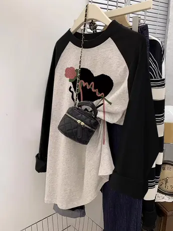 纯棉T恤女长袖韩版chic大码宽松插肩上衣潮ins遮肚显瘦内搭打底衫图片