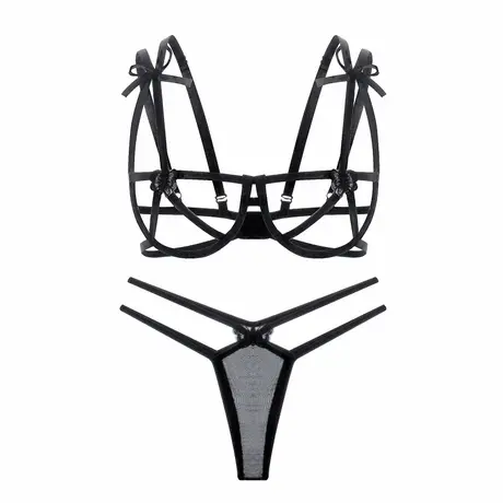性感天花板~法式网纱薄杯蝴蝶结绑带钢圈内衣套装少女图片