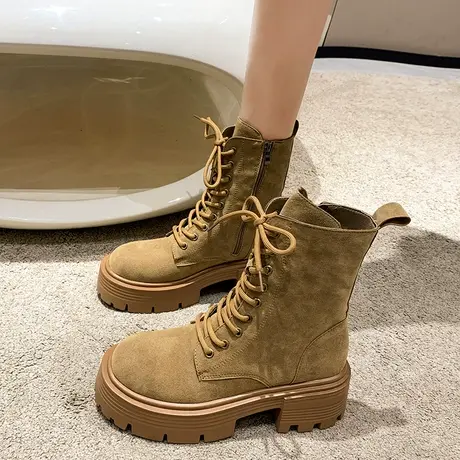 网红增高马丁靴女小个子春秋2023新款黄色复古磨砂短靴厚底单靴子商品大图