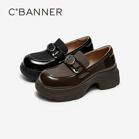 千百度漆皮厚底乐福鞋女百搭气质新款增高黑色小皮鞋轻便深口单鞋图片