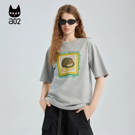 a02黑猫系列宽松圆领短袖T恤女2025新款夏季纯棉半袖设计感上衣图片