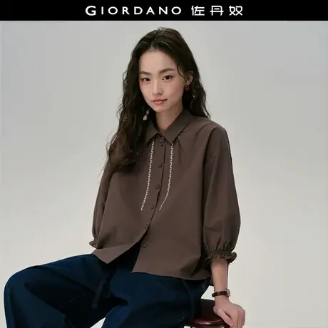 设计师款佐丹奴可露丽衬衫女撞色绣花宽松七分袖休闲衬衣18345215商品大图