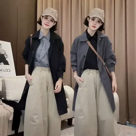 韩版休闲气质风衣外套女2025春秋新款中长款英伦风大衣小个子上衣商品大图