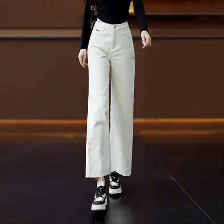 米白色水洗棉软牛仔直筒裤女宽松春秋2025年新款窄版阔腿九分休闲商品大图