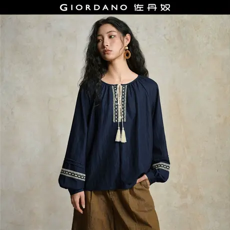 设计师款佐丹奴女装仿牛仔撞色织花绑带宽松圆领长袖衬衫18345520商品大图