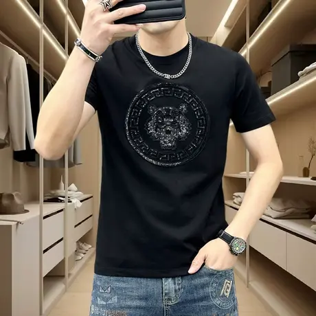 2024夏季新款刺绣短袖t恤男潮牌韩版修身男装丝光棉体恤男士半袖商品大图