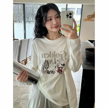 韩系减龄卡通印花长袖T恤女2025春夏季新款宽松圆领套头防晒上衣商品大图