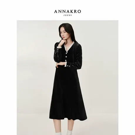 玖姿安娜蔻优雅法式宫廷风丝绒收腰假两件连衣裙女2025秋季新款图片