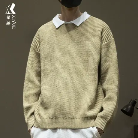 希越假两件5针重磅翻领毛衣男士秋冬季宽松大码纯色日系内搭打底商品大图