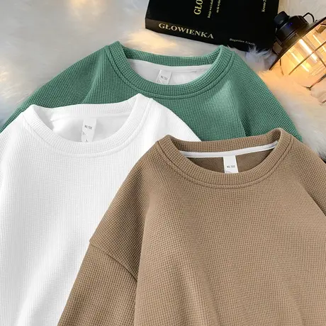 2023新款重磅华夫格卫衣男秋冬款加绒加厚圆领无帽上衣服长袖t恤商品大图