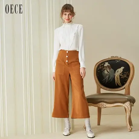 Oece春装新款女装 复古高腰阔腿裤女九分裤休闲裤春秋裤子图片