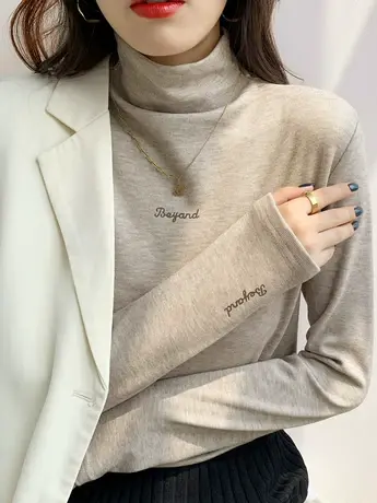 德绒修身中领半高领打底衫女加绒早春秋冬季内搭长袖t恤百搭上衣商品大图