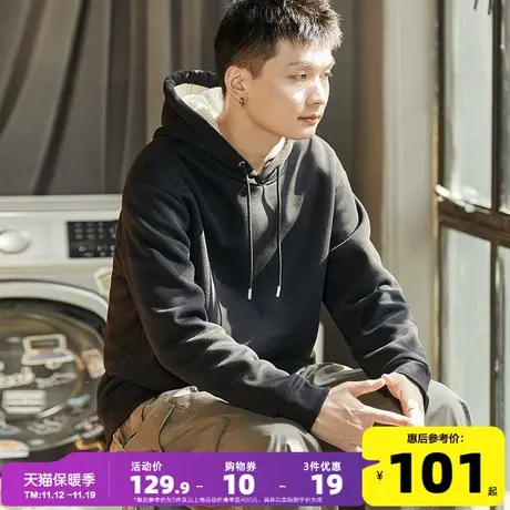 唐狮2023秋冬季新款连帽卫衣男士仿羊羔毛绒纯色加厚外套上衣服潮商品大图