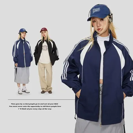 美式拼接运动外套女春秋2023年新款复古教练夹克宽松oversize上衣图片
