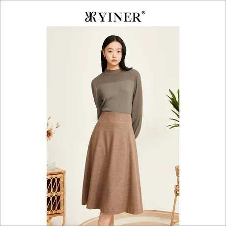 YINER音儿女装冬季法式优雅羊毛圆领网纱拼接套头针织衫商品大图