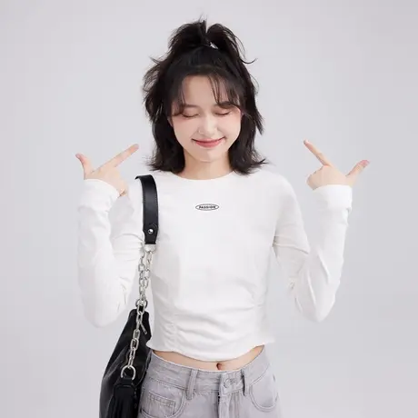 白色打底衫独特别致长袖小个子短款甜辣小上衣女春季2024新款收腰商品大图