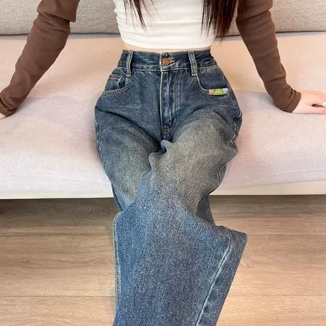 复古挽边哈伦牛仔裤女春秋2024新款高腰显瘦宽松显瘦阔腿老爹裤子图片