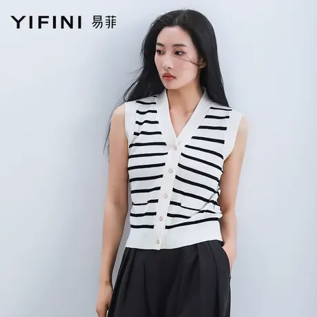 Yifini/易菲宽松无袖条纹马甲女夏装新款纯棉针织马夹短款外套商品大图