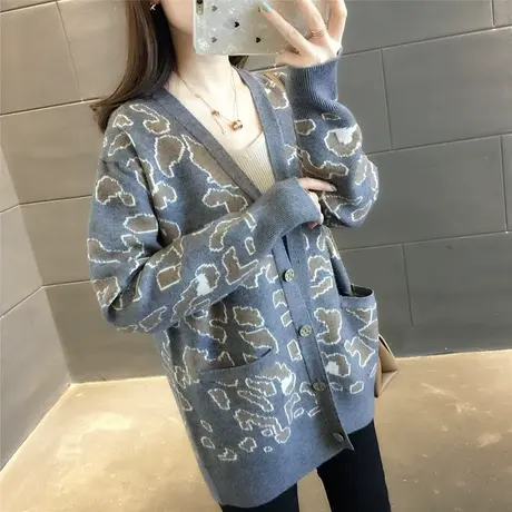 2023春装新款韩版女装宽松上衣V领针织开衫豹纹时尚毛衣外套女商品大图