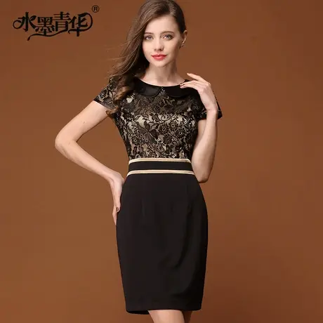 【1件7.9折】夏装ol通勤修身气质娃娃领金色蕾丝女连衣裙短袖图片