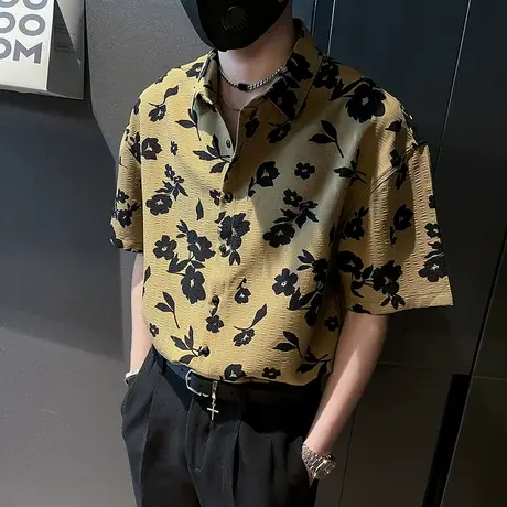 夏季男士衬衫上衣短袖宽松半袖休闲网红潮牌印花花色满印中袖衬衣商品大图