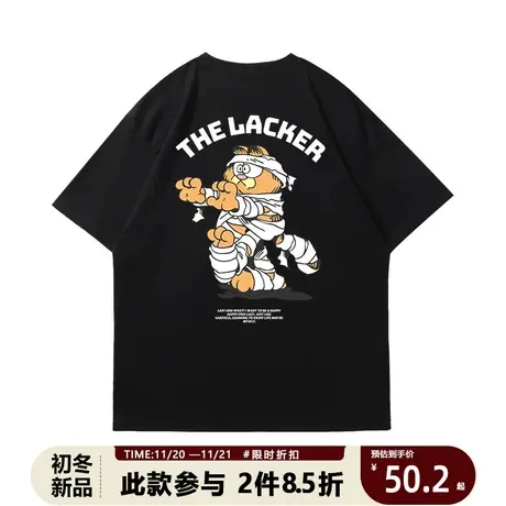 潮牌美式街头夏季短袖T恤男女同款卡通加菲猫潮酷休闲情侣上衣棉商品大图