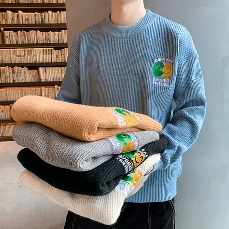 2022秋冬季加厚保暖男士毛衣刺绣潮流休闲圆领针织打底衫毛线衣男图片