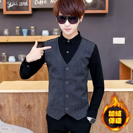 长袖t恤男秋冬季韩版修身保暖打底衫加绒加厚潮假两件衬衫领衣服商品大图