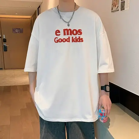 夏季潮牌短袖T恤男士宽松字母体恤美式重磅棉感情侣白色半袖上衣商品大图