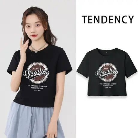 VR真维斯黑色短款t恤女夏季纯棉高级感上衣高腰露脐短袖韩版显瘦V商品大图