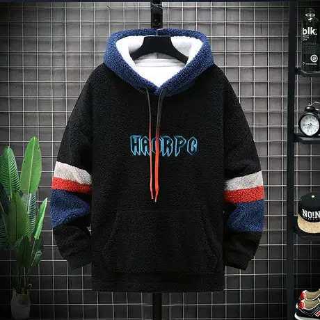 秋冬潮牌加绒卫衣男连帽ins大码宽松休闲帽衫羊羔绒学生保暖外套商品大图