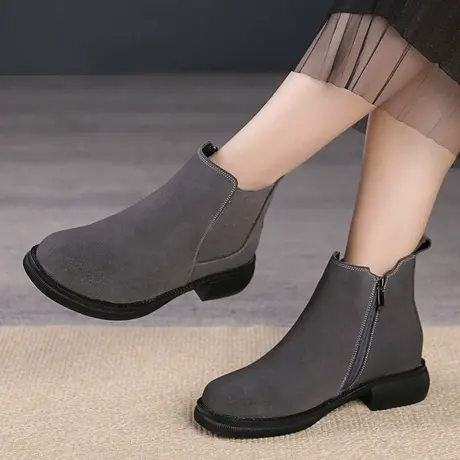 磨砂软皮加绒棉鞋2023新款大码女靴41一43冬平底低跟真皮休闲短靴商品大图