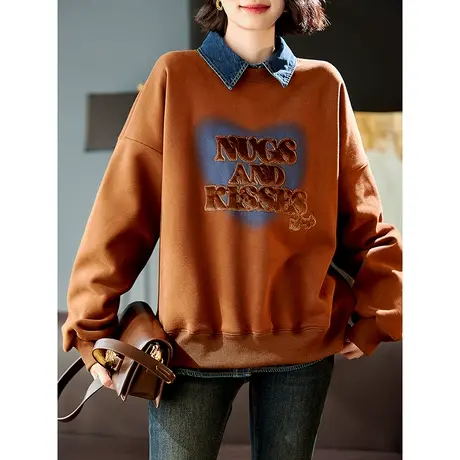 宝诗黎圆领字母刺绣百搭加绒卫衣女2023秋冬新款长袖棉质宽松上衣商品大图