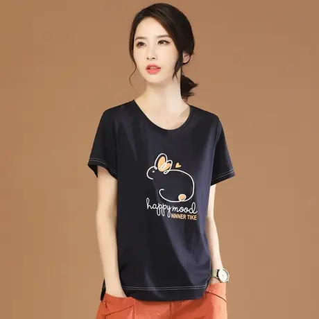 韩潮袭人圆领刺绣休闲短袖T恤女2024夏新款胖mm正肩体恤衫上衣图片