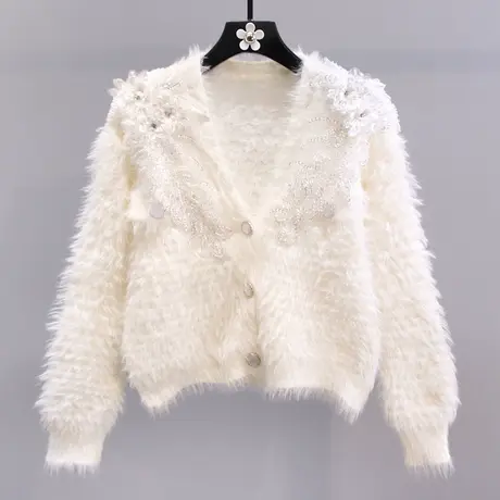 钉珠亮片立体花朵水貂绒毛衣外套女秋冬2023新款设计感针织开衫商品大图