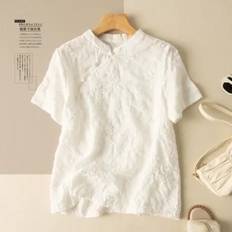 享永子短袖苎麻衬衫女夏重工刺绣绣花立领棉麻上衣高级感2024新款图片