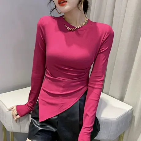 时尚链条T恤ins潮设计感不规则开叉上衣洋气百搭打底衫女长袖春秋商品大图