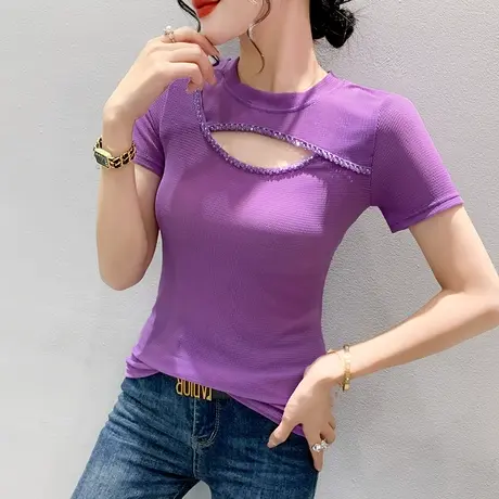欧货网纱T恤女短袖时尚钉珠镂空小衫夏季洋气修身显瘦性感上衣ins商品大图