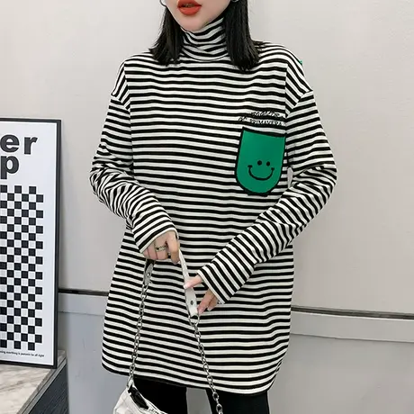 加厚抓绒卫衣女秋冬宽松休闲长袖洋气条纹打底衫中长款高领上衣潮商品大图