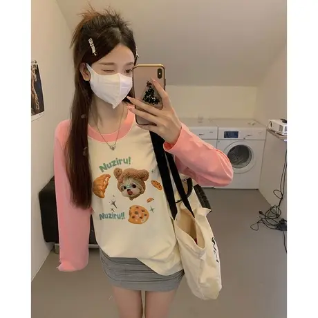 纯棉2023秋冬新款插肩印花长袖t恤女上衣打底衫圆领宽松显瘦百搭商品大图