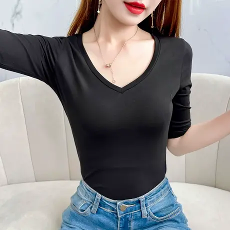 大v领五分袖中袖t恤女纯棉黑色显瘦百搭上衣夏季修身内搭外穿体恤商品大图