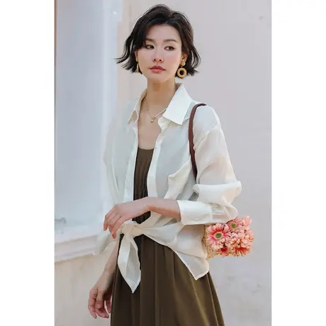 弥古天丝防晒衬衫夏季外搭开衫高级感法式小坎肩女小众设计感衬衣商品大图