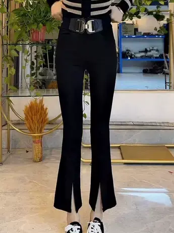 2023秋季款高腰显瘦百搭九分微喇裤修身洋气开叉小黑裤女喇叭裤女商品大图