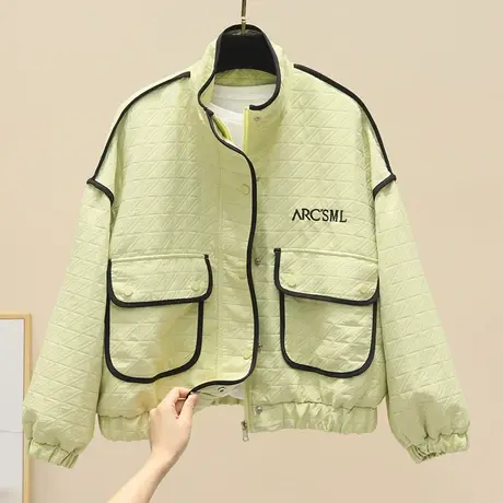 小香风立领菱格外套女2023春秋新款宽松拼色小个子工装短款上衣潮商品大图