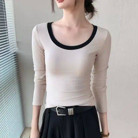 别致撞色拼接大圆领长袖T恤女装奶系穿搭早秋上衣修身显瘦打底衫商品大图