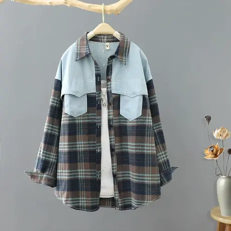 韩版设计感小众牛仔拼接格子衬衫女长袖宽松百搭春秋外套衬衣开衫商品大图