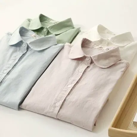 春季新款韩范小清新文艺娃娃领纯棉白衬衫长袖学生简约打底女衬衣商品大图